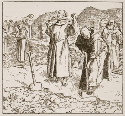 修道院の牧畜、「The Church of England:1910年頃に出版されたH.D.M. Spence-Jones著「The Church of England: A History for the People」のイラスト（リトグラフ）（セピア色の写真 作： Frederick Henry Townsend