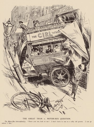 路面電車対自動車バスの大問題（リトグラフ） 作： Frederick Henry Townsend