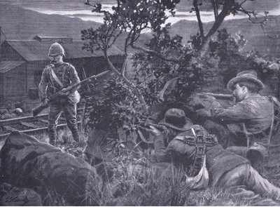 退化した戦争：プレトリア後からのセントリーズを狙撃するボーアーズ：ゲリラ戦争ハームズワースブロスリミテッド発行、1901 作： Frederick Judd Waugh