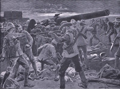 ガンヒルへの攻撃：海軍47の砲手は驚いた、「プレトリア後：ゲリラ戦争」、Harmsworth Bros Limited、1901年発行 作： Frederick Judd Waugh