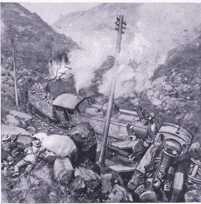 フラクフォンテイン近くの装甲列車の破壊、プレトリア後のイラスト：ゲリラ戦争、1902 作： Frederick Judd Waugh