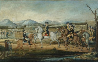 ワシントンは、1795年にメリーランド州フォートカンバーランドで西軍を検討しました。 作： Frederick Kemmelmeyer