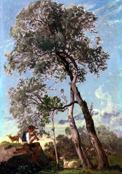 カンパーニャでパイプを吹く山羊飼い（紙に油彩、ボードにレイアウト） 作： Frederick Lee Bridell