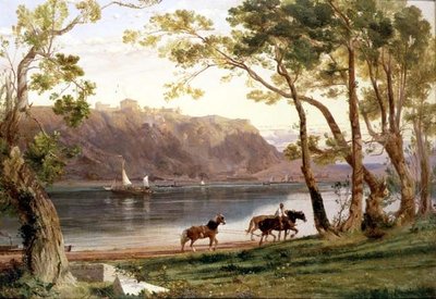 バージの馬がいる川の風景 作： Frederick Lee Bridell