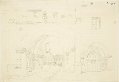 ブリストル大聖堂のアビー・ゲートハウス、南向き（紙に鉛筆 作： Frederick Mackenzie