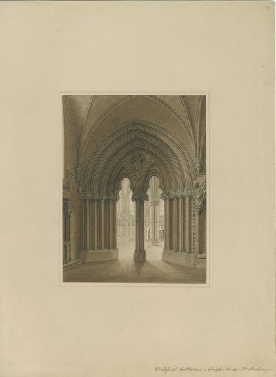 リッチフィールド大聖堂の内部-チャプターハウスの出入り口：セピア画、ND [c 1820] 作： Frederick Mackenzie