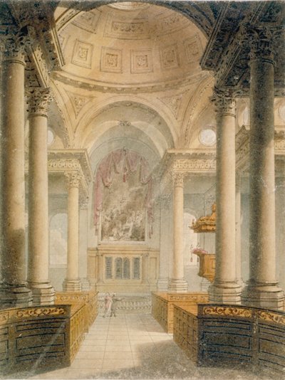 聖スティーブン・ウォルブルック教会の内部、ロンドン市、1810年 作： Frederick Mackenzie