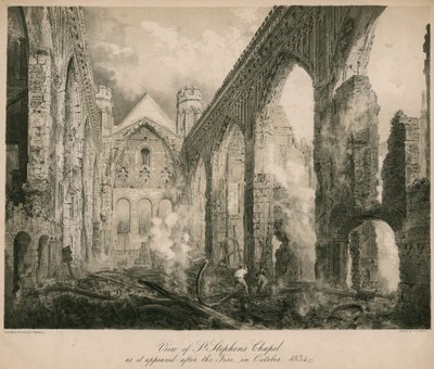 1834年10月の火災後のセントスティーブンスチャペルの様子 作： Frederick Mackenzie
