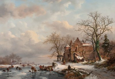 凍った川にスケーターがいる冬の風景 作： Frederick Marianus Kruseman