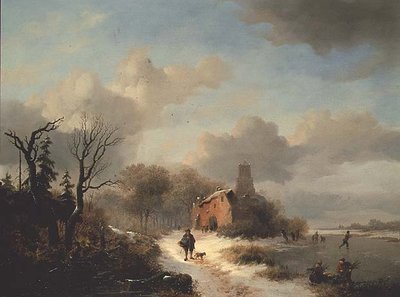 氷上の農民と人物のいる冬の風景 作： Frederick Marianus Kruseman
