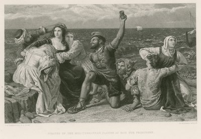 囚人のためにサイコロで遊ぶ地中海の海賊（彫刻 作： Frederick Richard Pickersgill