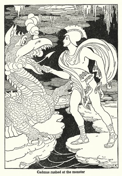 怪物に突進するカドマス（リトグラフ） 作： Frederick Richardson