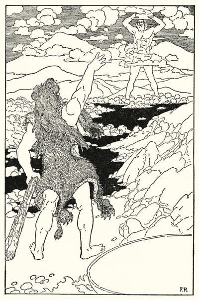 ヘラクレスは巨人の巨大な顔を見た（リトグラフ 作： Frederick Richardson