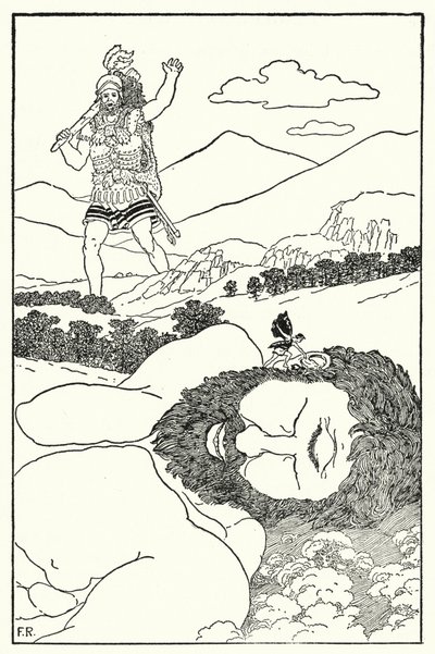 ピグミーはアンタエウスの耳元で「また巨人が来た」と叫んだ（リトグラフ 作： Frederick Richardson