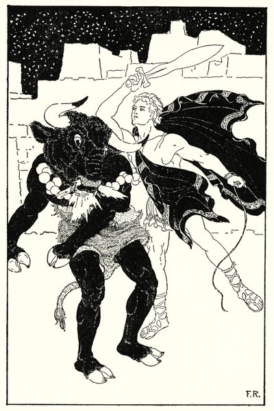 テュソスとミノタウロスの最もひどい戦いが起こった（リトグラフ）。 作： Frederick Richardson