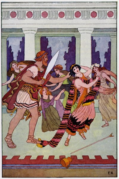 ユリシーズは美しいリングレットでエンチャントレスを取り押さえた（カラーリトグラフ 作： Frederick Richardson