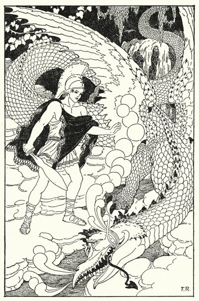 ドラゴンはカドマスの姿を見つけると、また忌まわしいヒス（リト）を仕掛けてきました。 作： Frederick Richardson