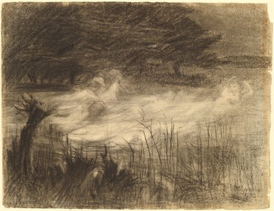 複数の女性の精霊が付き添う川に浮かぶ女性 作： Frederick Trapp Friis