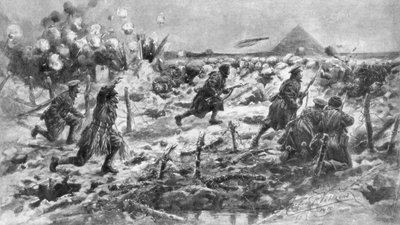 1915 年 3 月 10 日、フランス、ヌーヴ シャペルでの銃剣と手榴弾を使用したイギリス軍の攻撃。 作： Frederick Villiers