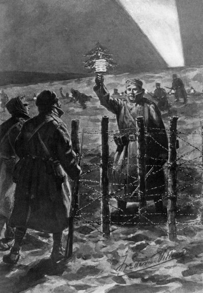 1914 年 12 月、1920 年、西部の塹壕でのクリスマス事件。 作： Frederick Villiers