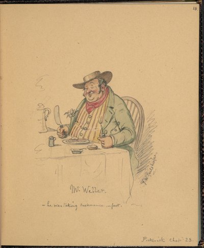 F. 10: Pickwick Papers のシーン、ウェラー氏、「チャールズ ディケンズの物語のシーンを含むスケッチ ブック」から (紙に鉛筆と水彩) 作： Frederick W. Pailthorpe
