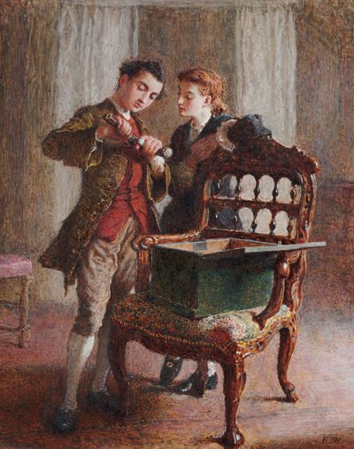 印象的なオープンアームチェアのある応接室シーン 作： Frederick Walker