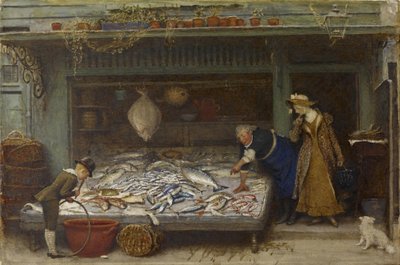 フィッシュモンガーズショップ、1873年（紙にトイレ） 作： Frederick Walker