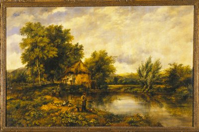 ミルで釣り人のいる川の風景 作： Frederick Waters Watts