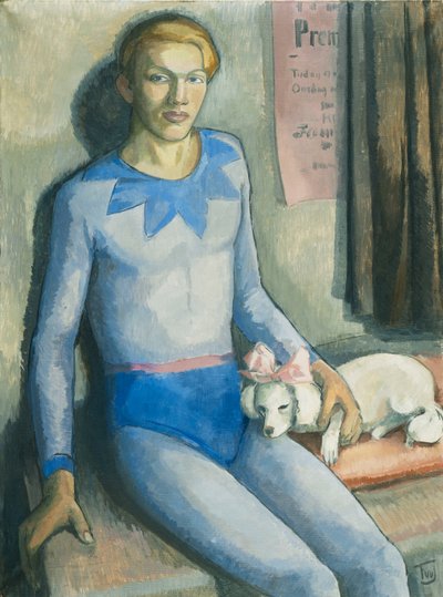 ハーレクインと犬（キャンバスに油彩） 作： Frederick Wilhelm Jacobsen