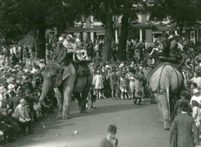 1926年8月、ロンドン動物園で2頭のアジアゾウを大勢の観客が見守る中でのエレファントライド（モノクロ写真 作： Frederick William Bond