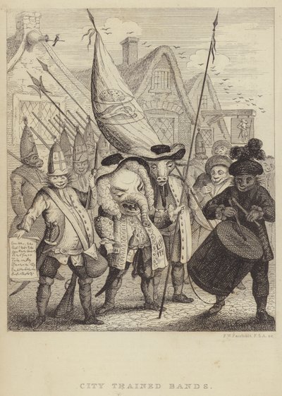 City Trained Bands：ロンドン市に関連する民兵と、1745年のジャコバイトの反乱によるパニックを風刺したもの（エングレーヴィング 作： Frederick William Fairholt