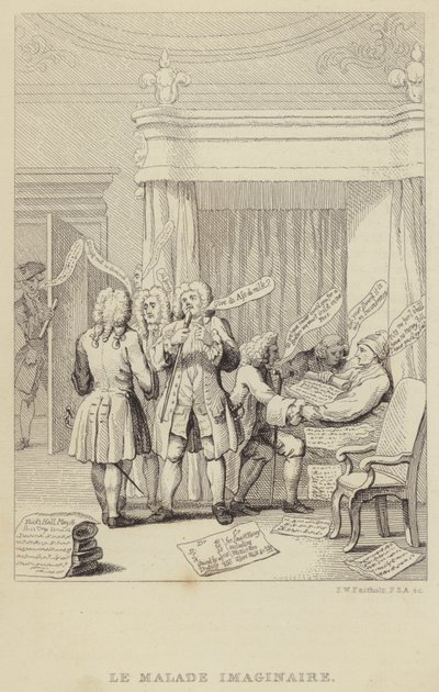 Le Malade Imaginaire：作家であり植物学者でもあるジョン・ヒルがベッドで様々な医師の診察を受けている様子を描いた風刺作品。 作： Frederick William Fairholt