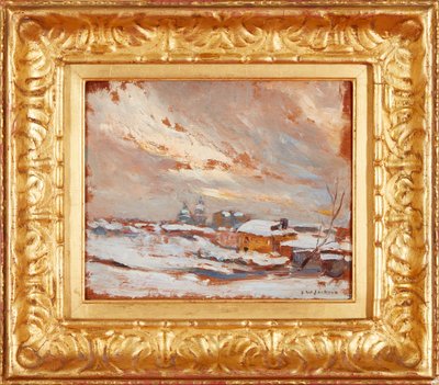 遠くのキューポラのある冬景色、ロシア（油彩・パネル） 作： フレデリック・ウィリアム・ジャクソン