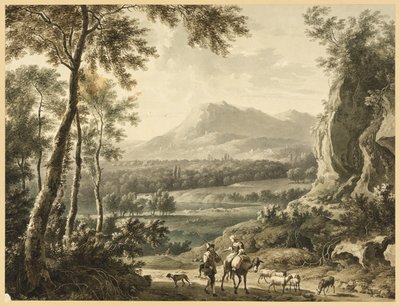 旅する農民が前景にいるイタリア風の風景 作： Frederick de Moucheron