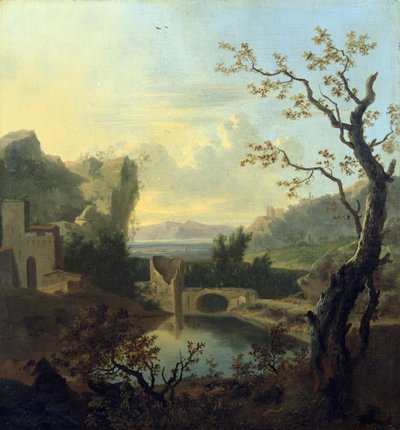 荒廃した要塞橋のあるイタリア風の風景（キャンバスに油彩） 作： Frederick de Moucheron