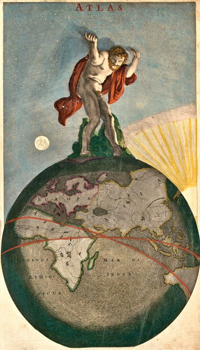 天球儀を支えるアトラス、地球上でのテコ入れ（銅版画 作： Frederick de Wit