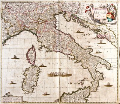 イタリア、コルシカ島、サルデーニャ島の地図（銅版画 作： Frederick de Wit