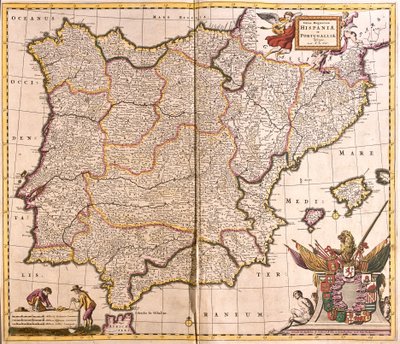 イベリア半島、スペイン、ポルトガルの地図（エッチング 作： Frederick de Wit