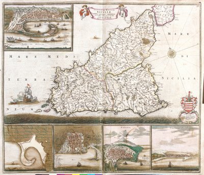 メッシーナ、ミラッツォ、パレルモ、カターニア、トラパノの都市が描かれたシチリア王国（イタリア）の地図（銅版画 作： Frederick de Wit