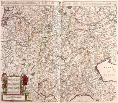 アルプス山脈の連なりの地域の地図（フランス、イタリア、ドイツ）（銅版画 作： Frederick de Wit
