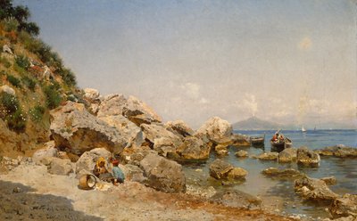ベスビオ山を背景にカプリ島のビーチで 作： Frederico del Campo