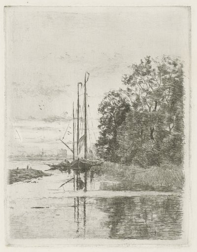 2 隻の船とはしけのある川の景色。 作： Fredericus Jacobus van Rossum du Chattel (signed by artist)