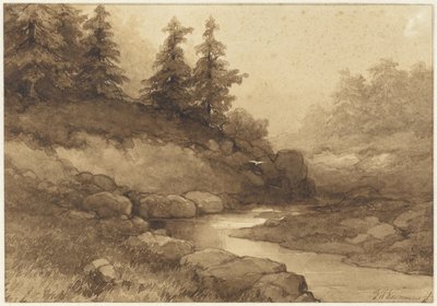 川のある丘陵の風景 作： Frederik Hendrik Kaemmerer