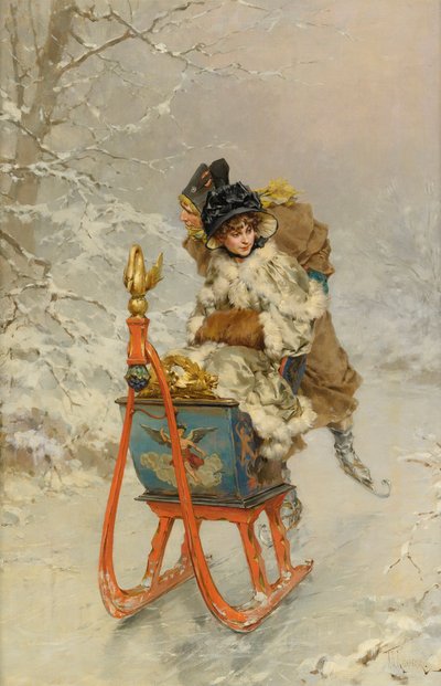 "La promenade en luge" (The Sleigh Ride) Peinture de Frederik Hendrik Kaemmerer (1839-1902) - 油彩・キャンバス, 59,9x40,1 - Private Collection 作： Frederik Hendrik Kaemmerer