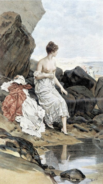 隠れて水浴びする海辺の女-夏の寓意、カレンダー絵：Hubert Dys、絵：F.H. Kaemmerer 作： Frederik Hendrik Kaemmerer