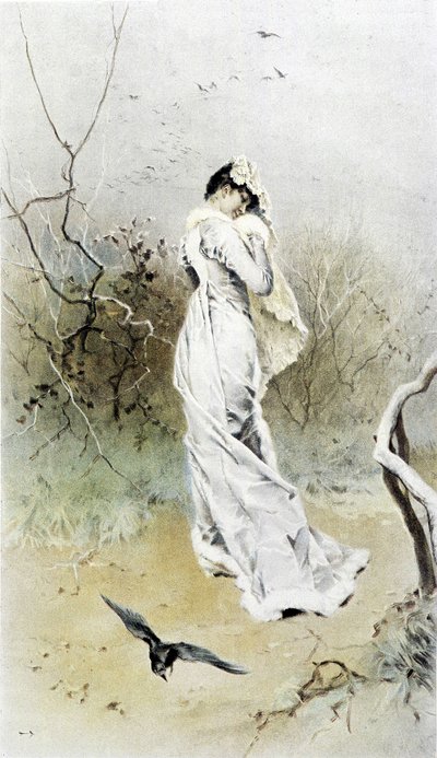 森の中の女性-初冬の寓意、カレンダー 絵：Hubert Dys、絵：F.H. Kaemmerer 作： Frederik Hendrik Kaemmerer