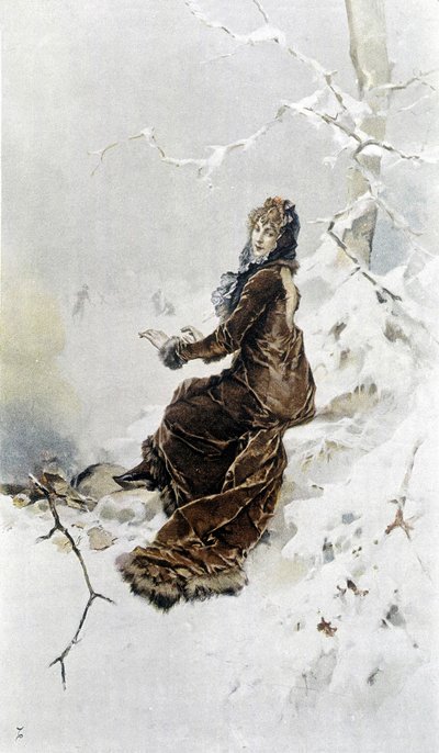 雪の中の女。ユベール・ダイス作画、F.H.ケメラー作画の「冬の寓意」カレンダー 作： Frederik Hendrik Kaemmerer