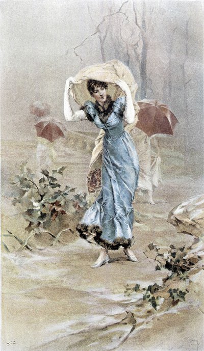 雨から身を守る女性 - 初秋の寓意、カレンダー 絵：Hubert Dys、絵：F.H. Kaemmerer 作： Frederik Hendrik Kaemmerer