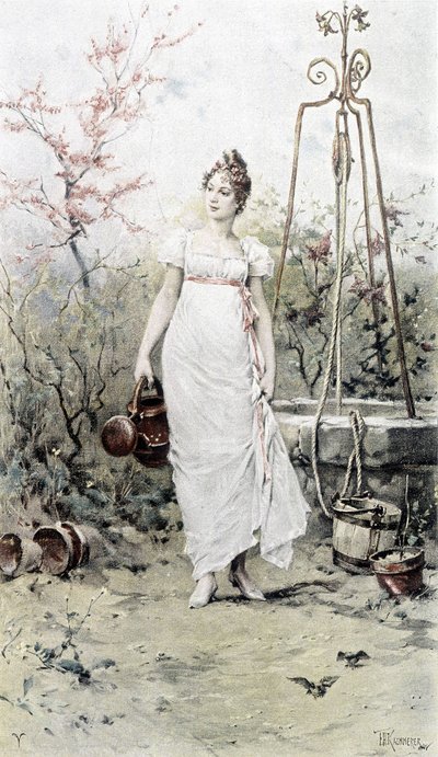 井戸から帰る女-春の寓意、カレンダー 絵：Hubert Dys、絵：F.H. Kaemmerer 作： Frederik Hendrik Kaemmerer