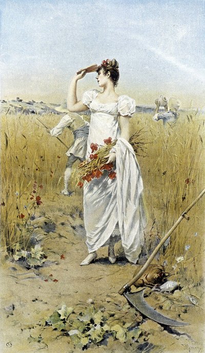 麦とポピーを持つ女-晩夏の寓意」カレンダー イラスト：Hubert Dys、絵：F.H. Kaemmerer 作： Frederik Hendrik Kaemmerer